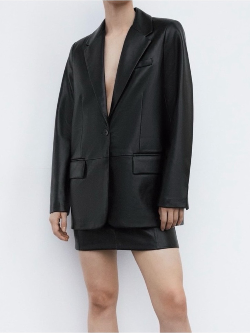 Zara Faux leather Black Blazer Notch collar 1 button Lined Womens XS Modern NWOT